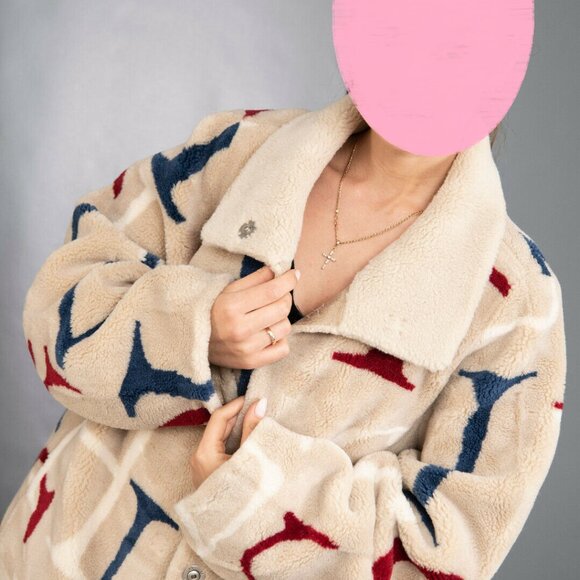 New Unbranded Cocoon Wool Teddy Bear Coat Beige Belted Alphabet Print No Alpaca - Picture 6 of 13